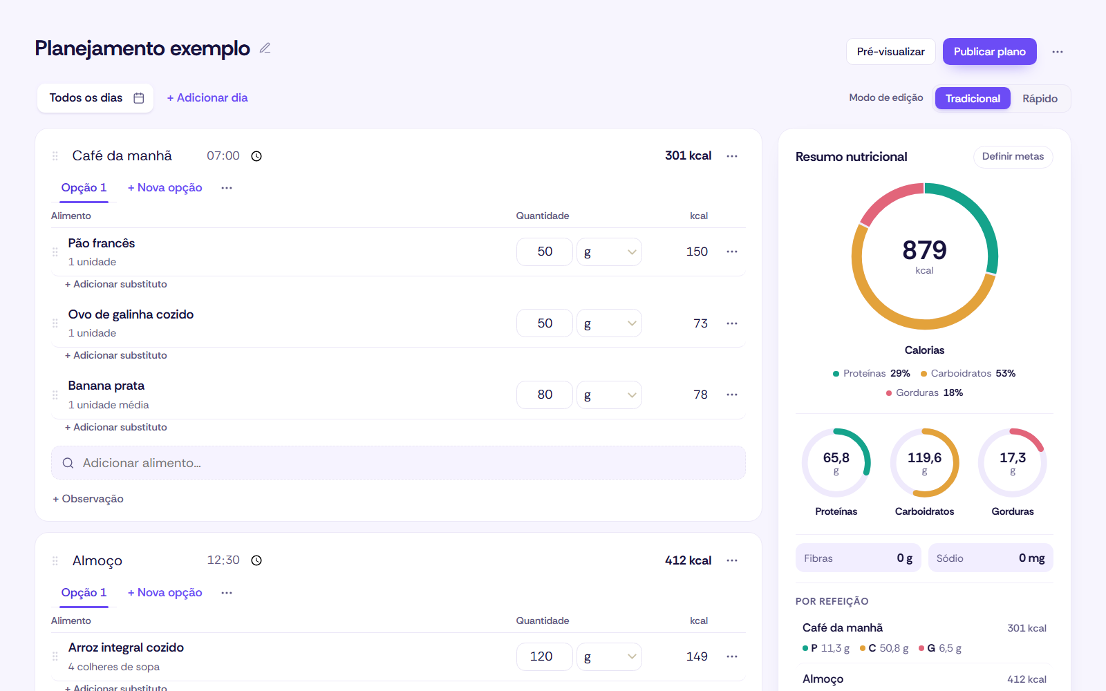 Editor de planejamento alimentar da ZEV3 com resumo nutricional